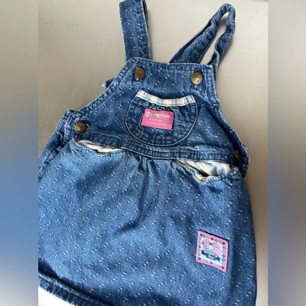 Vintage OshKosh Overall Bunny Dress Size 2T USA Union Made Blue Pink